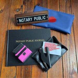 Notary supplies bundle: journal, affidavit stamp, pocket embosser, pouches, sign
